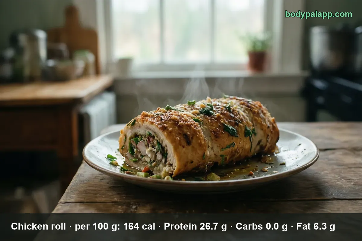 Whole roasted chicken roll stuffed with spinach and cheese, cut open at one end.