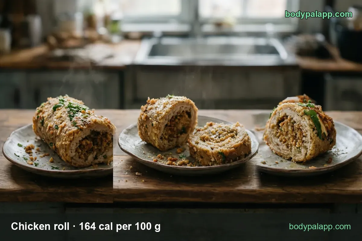 Breaded chicken roll sliced to show bulgur and herb filling, with 1 slice (28 g) 46 cal and 3 slices (84 g) 138 cal.