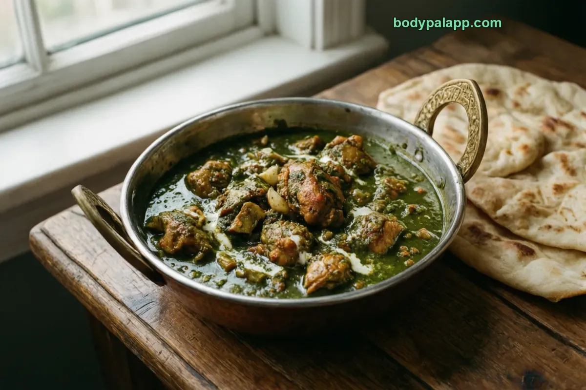 Chicken saag, packaged with rice, per label