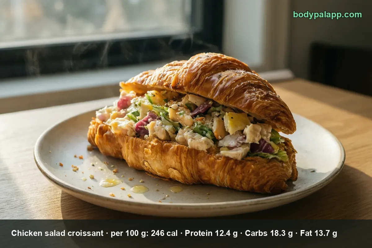 Close-up of an open chicken salad croissant with creamy chicken filling, grapes, blueberries and celery
