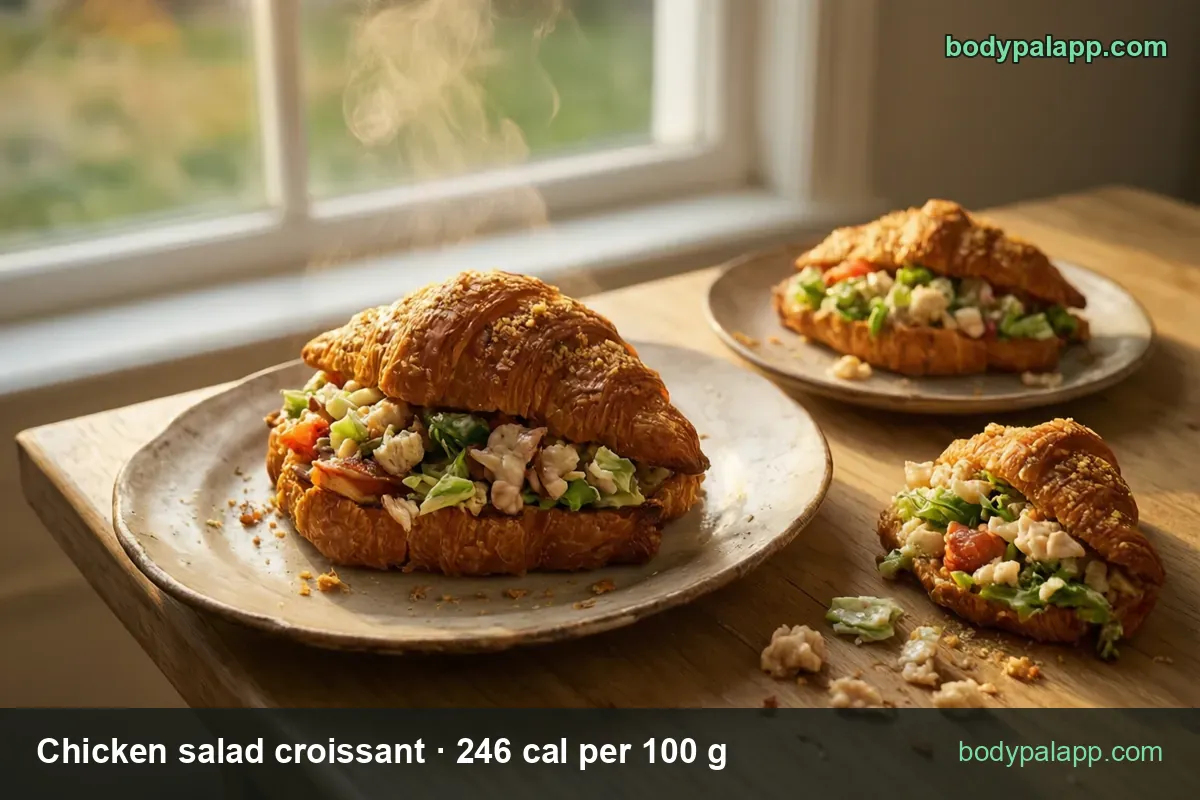 Two chicken salad croissants on plates with a half croissant and crumbs; chips read 180 g sandwich 443 cal, 90 g half 221 cal