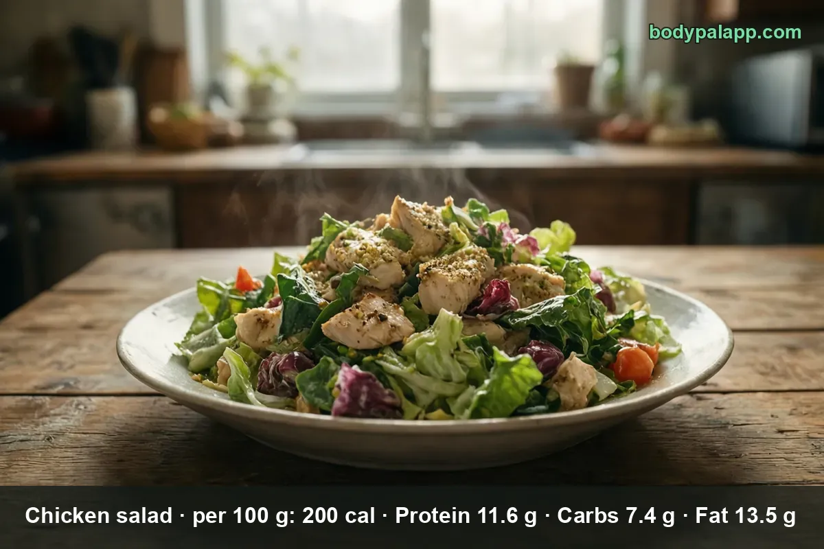 Bowl of warm salad with lettuce, radicchio, tomato and seasoned chicken pieces, steam rising.