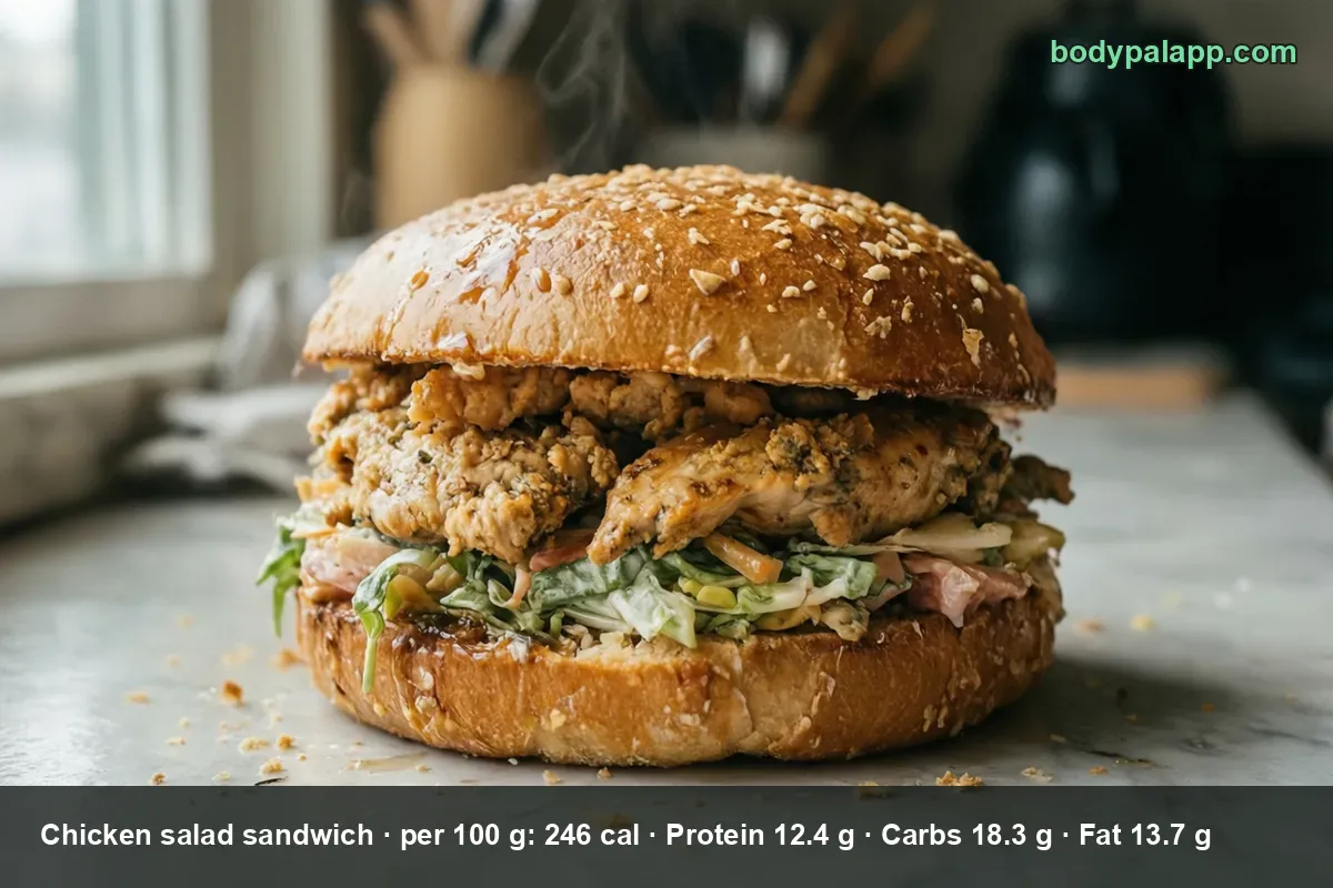 Chicken salad sandwich on a large sesame bun with chunky chicken pieces and cabbage slaw
