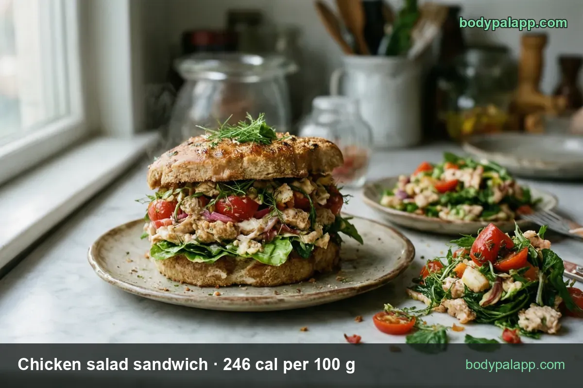 Chicken salad sandwich in a round roll on a plate beside a dish of chicken salad; 1 regular (180 g) 443 cal, 1 large (270 g) 664 cal