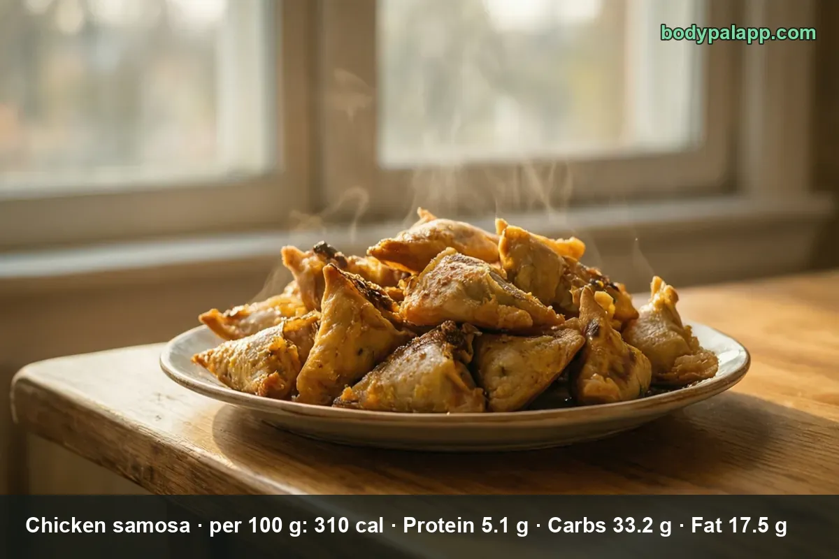 Plate piled with about ten golden triangular chicken samosas, steam rising from the stack.
