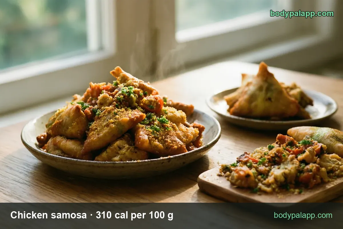 Eight chicken samosas with herbs and chili plus two whole samosas; chips 2 samosas (50 g) 155 cal and 1 regular (100 g) 310 cal.