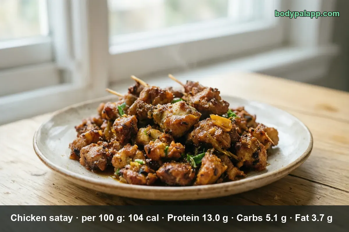 Pile of sauced chicken satay pieces with three wooden skewers sticking out of them