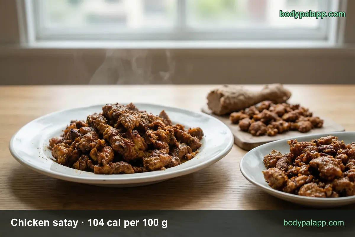 Plate of caramelized chicken satay pieces plus a board and small plate, chips: 1 skewer 202 g 210 cal, 1 cup 154 g 160 cal