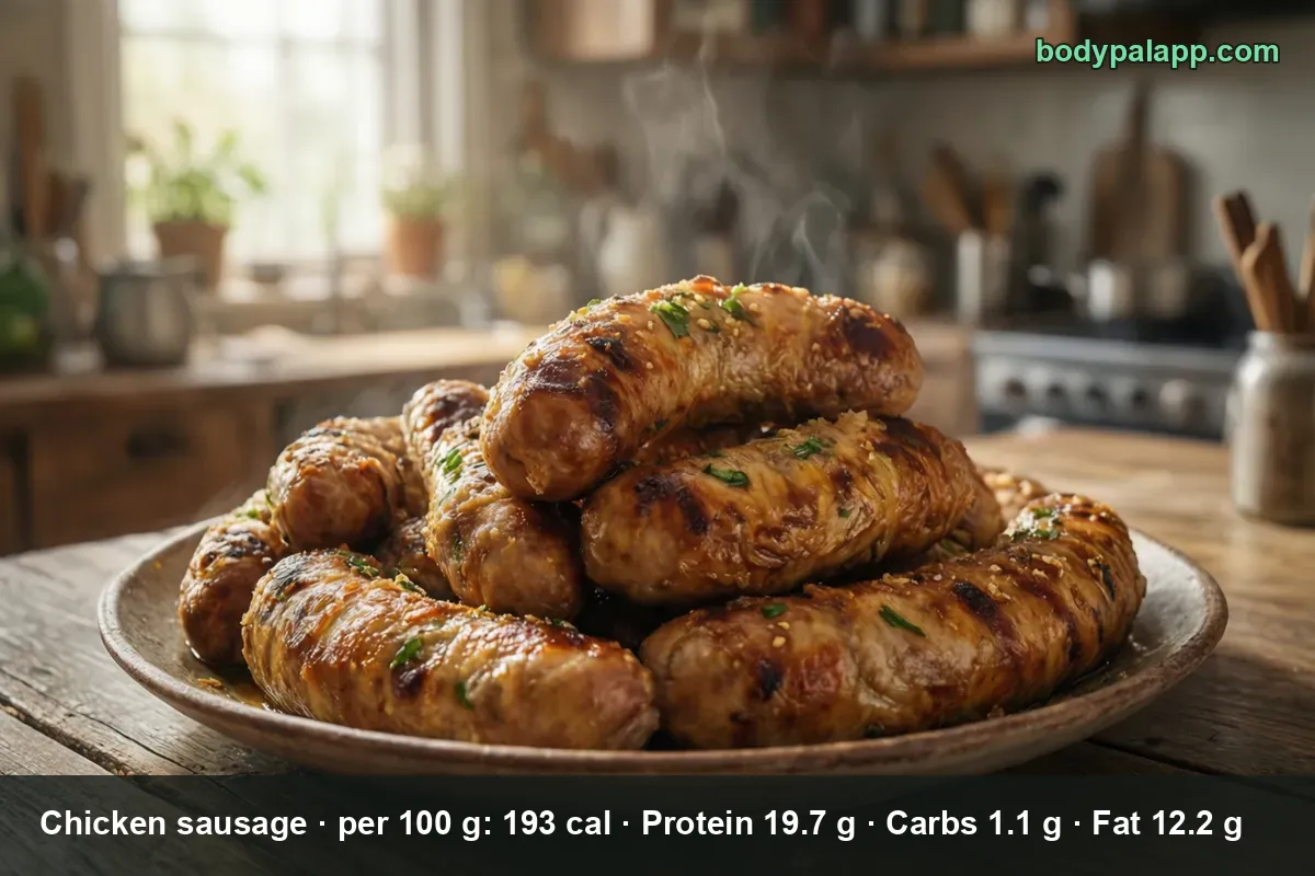 Plate of seven grilled chicken sausages with herbs and grill marks, steaming