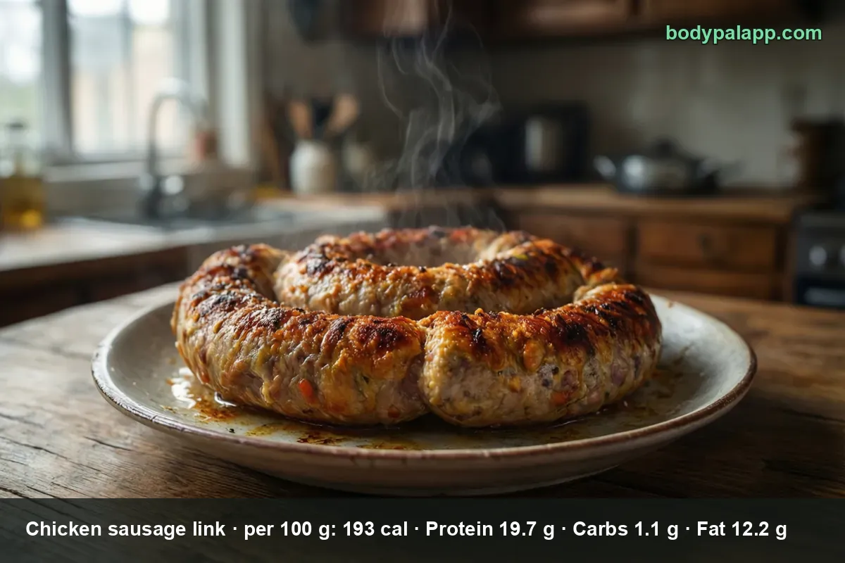 One long chicken sausage coiled on a plate, steam rising from the browned casing