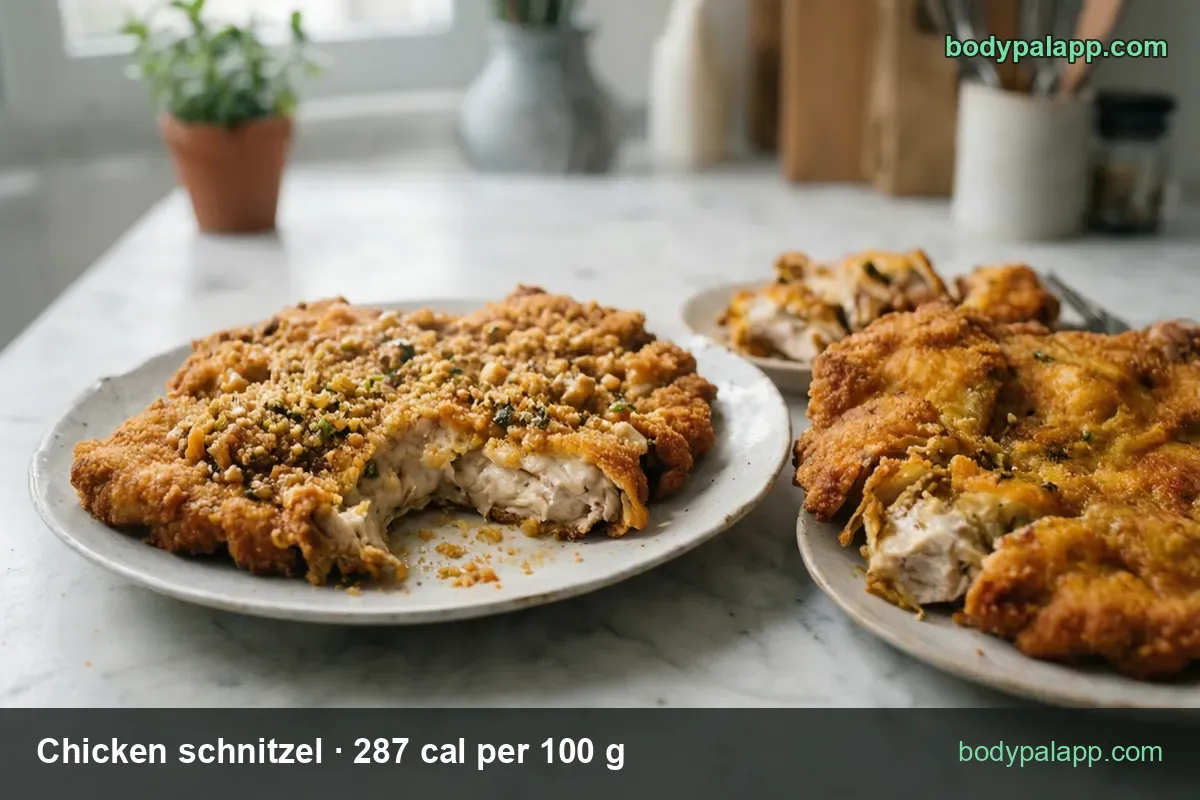 Sliced breaded chicken schnitzel showing white chicken, herbs, more schnitzels behind; 1 schnitzel 160 g and 1 patty 75 g