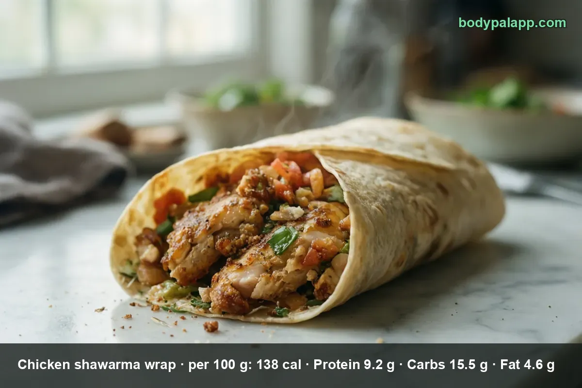 Close-up of a chicken shawarma wrap in a tortilla with a cut end showing chicken pieces, tomato and parsley.