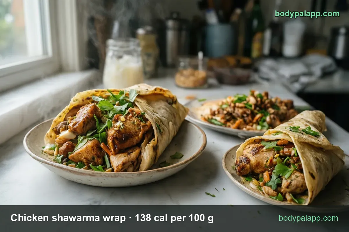 Two chicken shawarma wraps open at the filling on separate plates, labeled 1 wrap 348 g 480 cal and 1/2 wrap 174 g 240 cal.