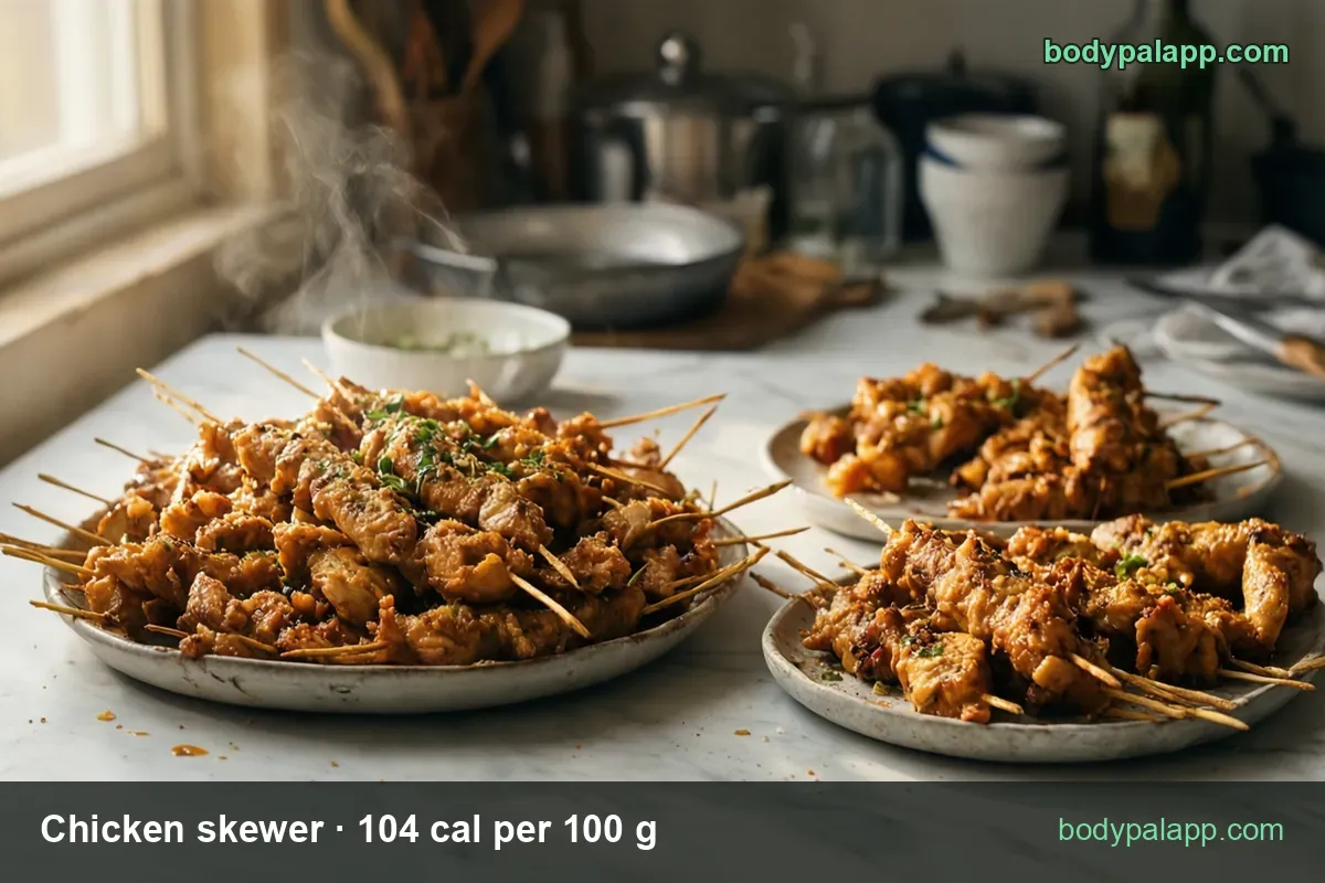 Platter of grilled chicken skewers with two smaller plates of skewers and a bowl of sauce; 1 skewer (202 g) 210 cal, 1 cup (154 g) 160 cal