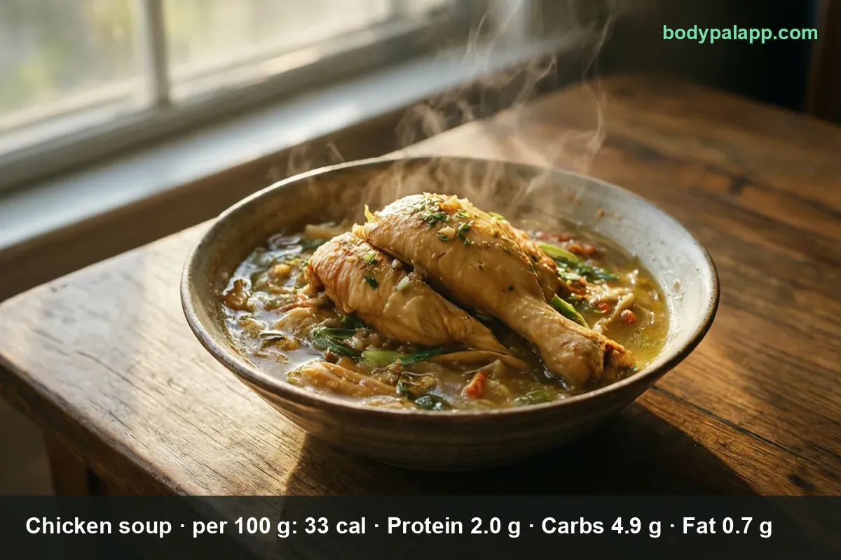 Bowl of clear chicken soup with two chicken drumsticks and fresh greens, steam rising