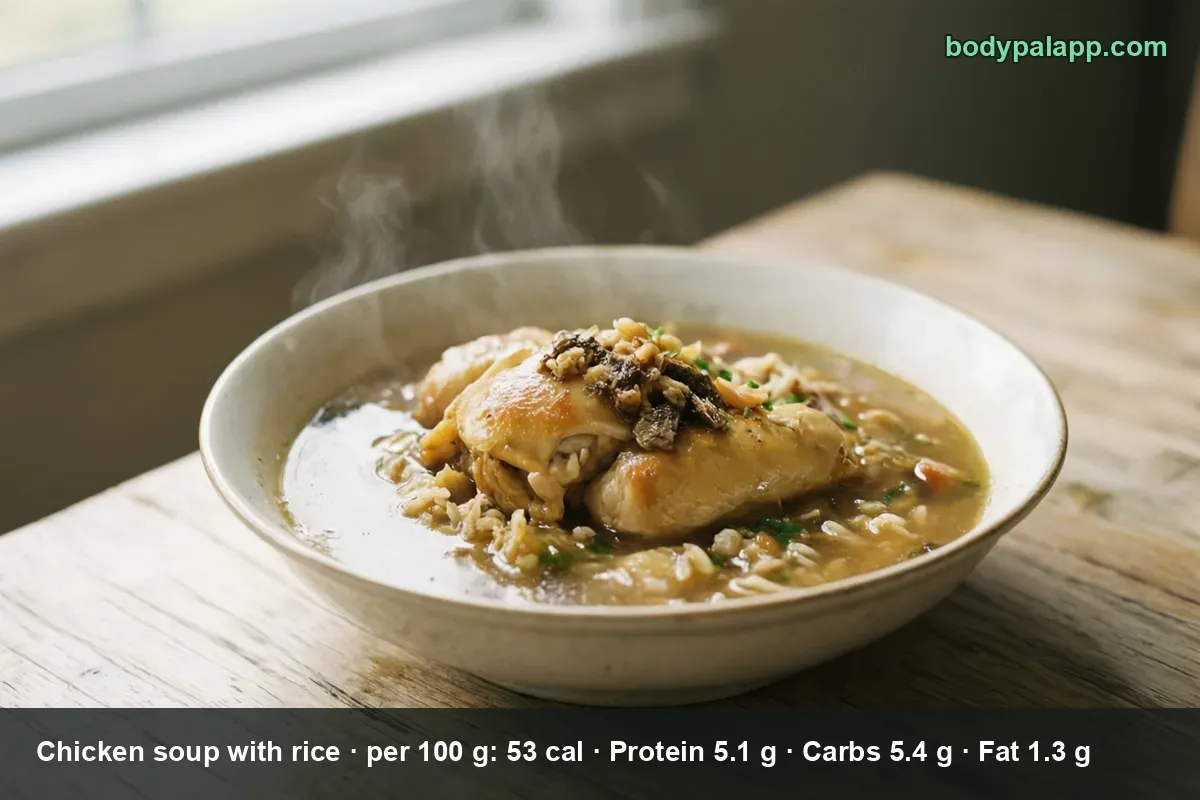 Bowl of chicken soup with rice, clear broth with rice and two pieces of chicken