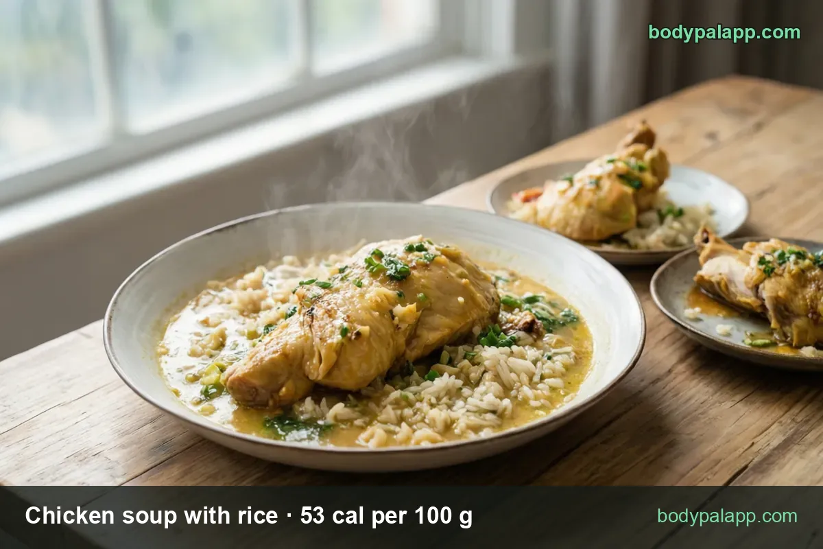 Deep bowl of chicken and rice soup with green onion; chips show 1 cup (240 g) 127 cal and 1/2 cup (120 g) 64 cal