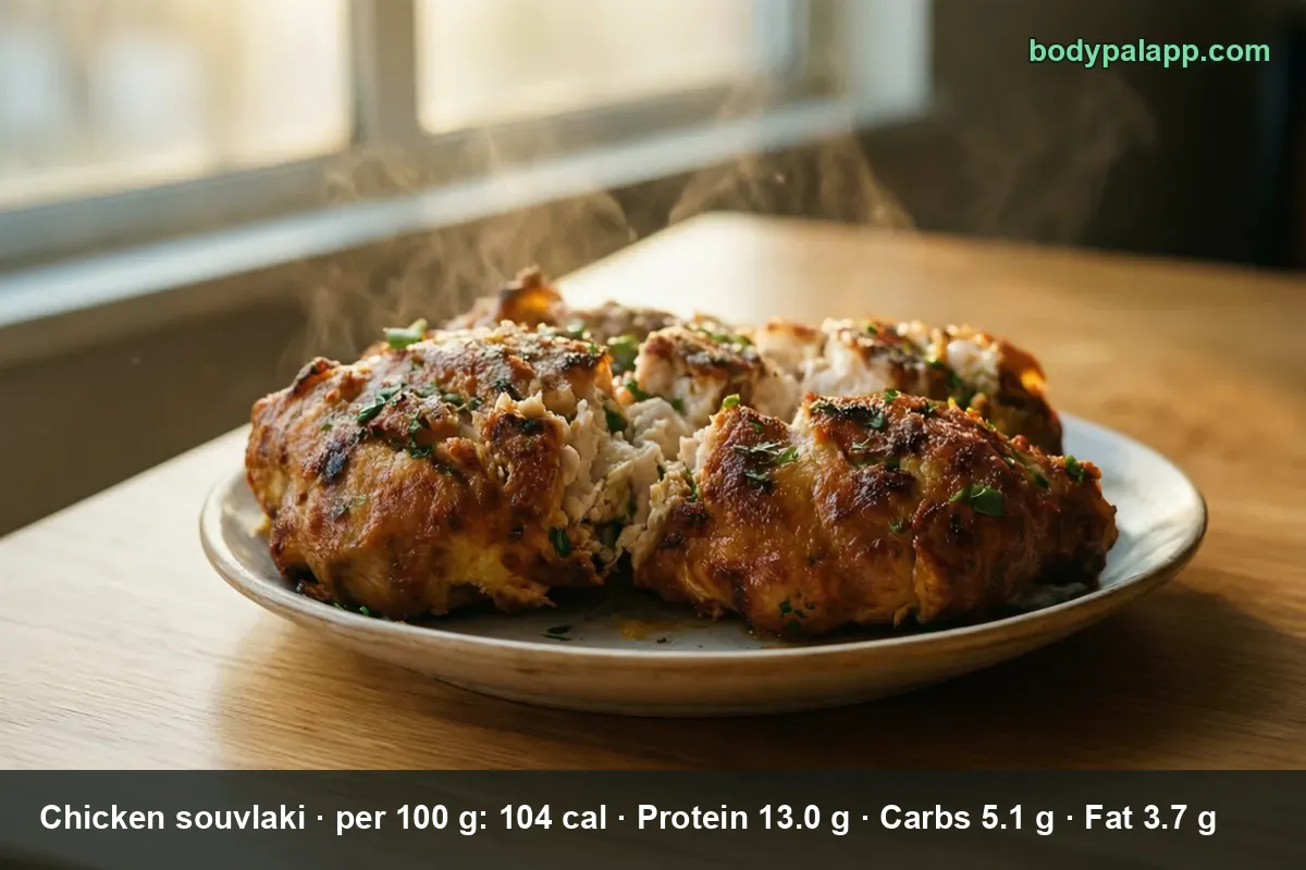 Three large grilled chicken souvlaki pieces on a plate, one of them split open