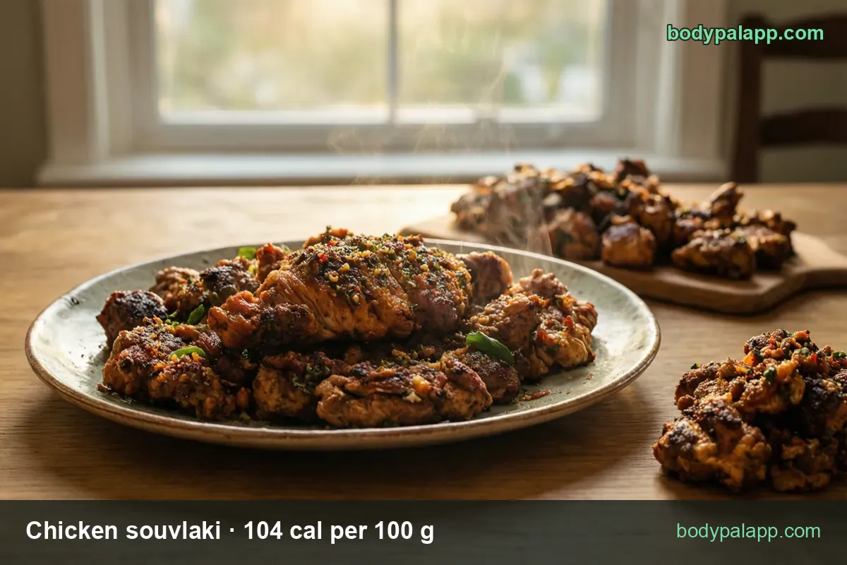 Seasoned grilled chicken souvlaki pieces on a plate with a board of more pieces behind, labeled 1 cup (154 g) 160 cal and 1 skewer (202 g) 210 cal