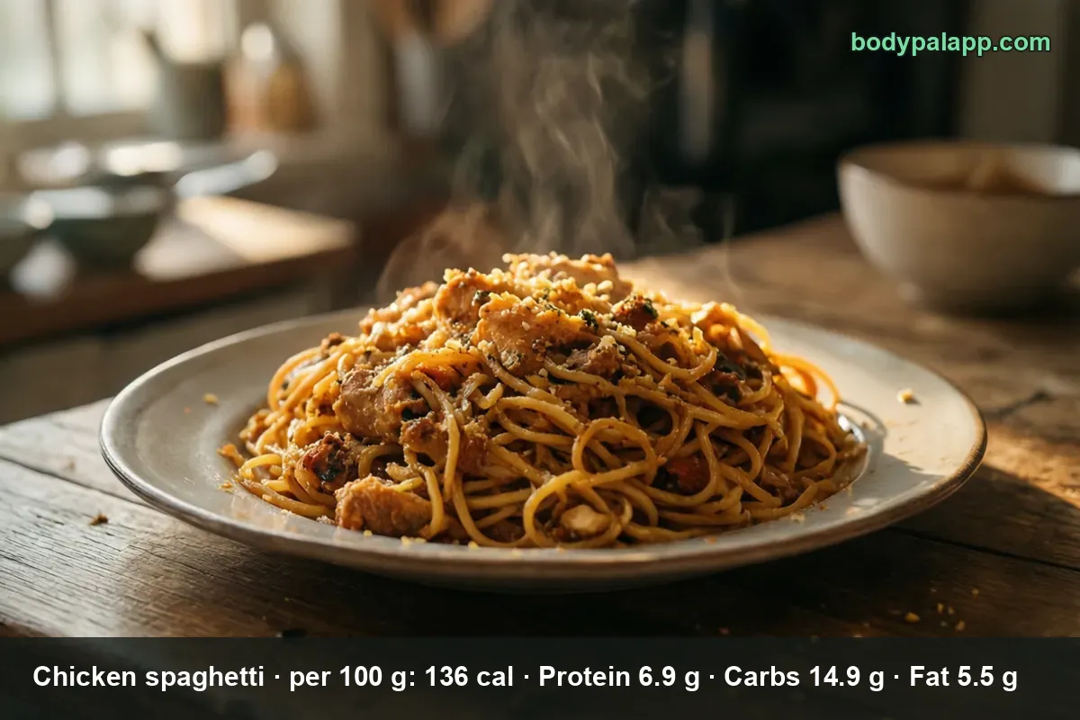 Steaming pile of chicken spaghetti, spaghetti tossed with chicken pieces and crumbs.