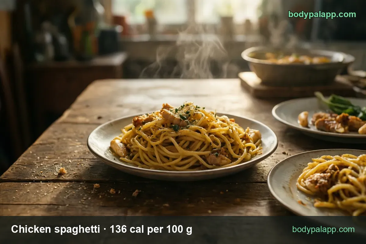Plate of chicken spaghetti with chicken pieces and herbs, labeled 1 cup (224 g) 305 cal and 1 1/2 cups (336 g) 457 cal.