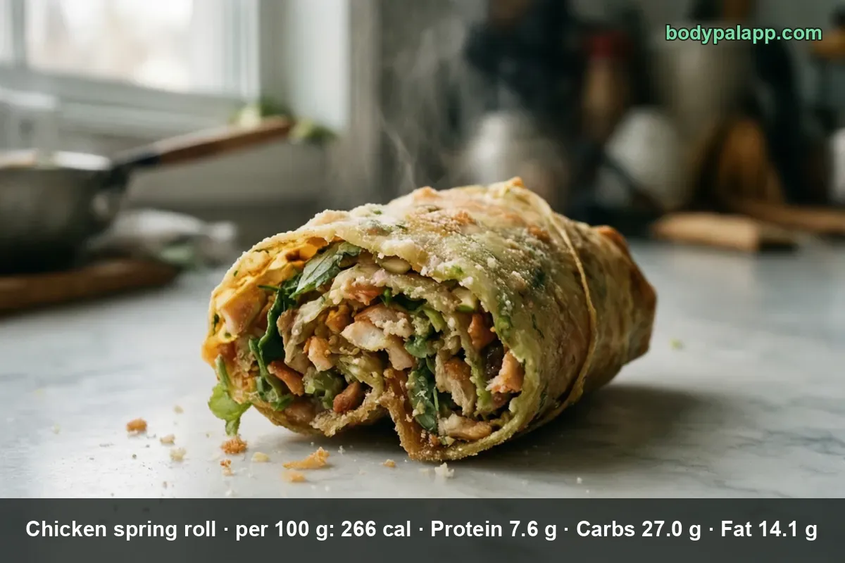Large chicken spring roll cut open, showing chicken and green leaves inside a thin crispy wrapper