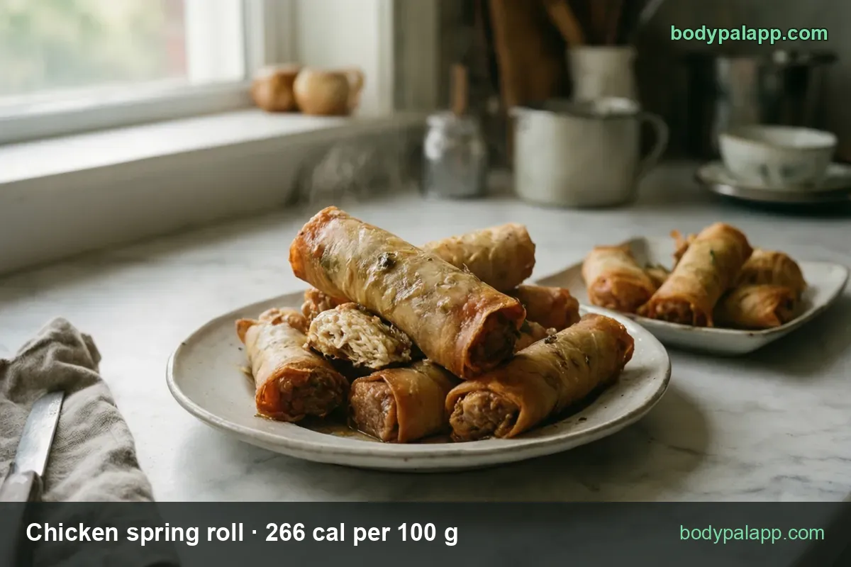 Plate of six fried chicken spring rolls, one cut open, with 1 spring roll (64 g) 170 cal and 2 spring rolls (128 g) 340 cal