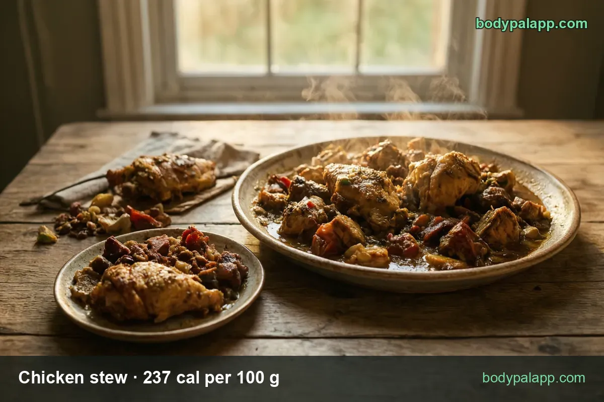 Oval platter of stewed chicken pieces in brown sauce with peppers and vegetables, plus 1 cup 140 g 332 cal and 3 oz 85 g 201 cal