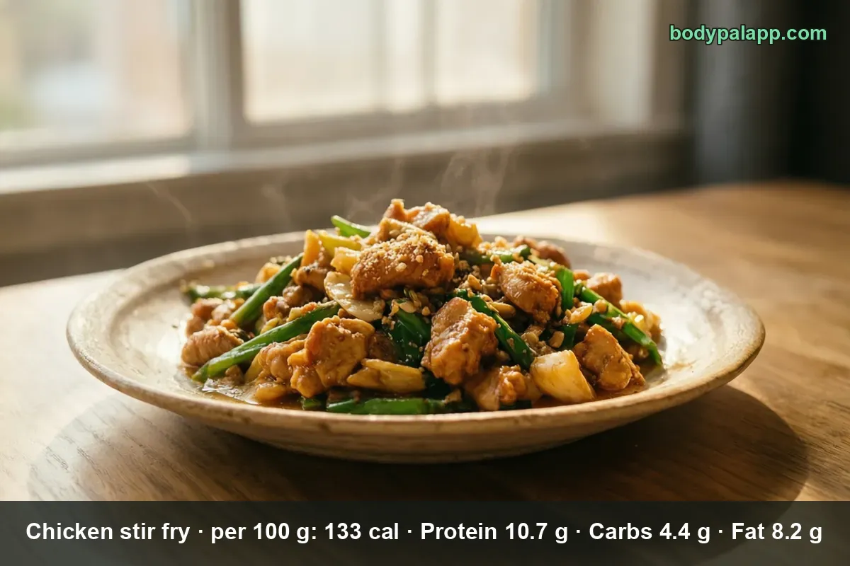 Plate of chicken stir fry with green beans and sesame seeds, steaming.