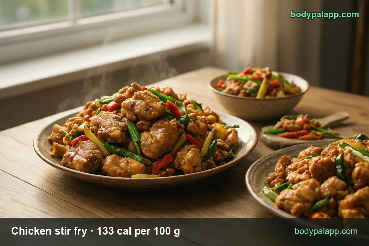 Chicken stir fry with green beans, onion and red pepper on a plate, small bowl and board portion; 1 cup 289 cal, 3/4 cup 217 cal.