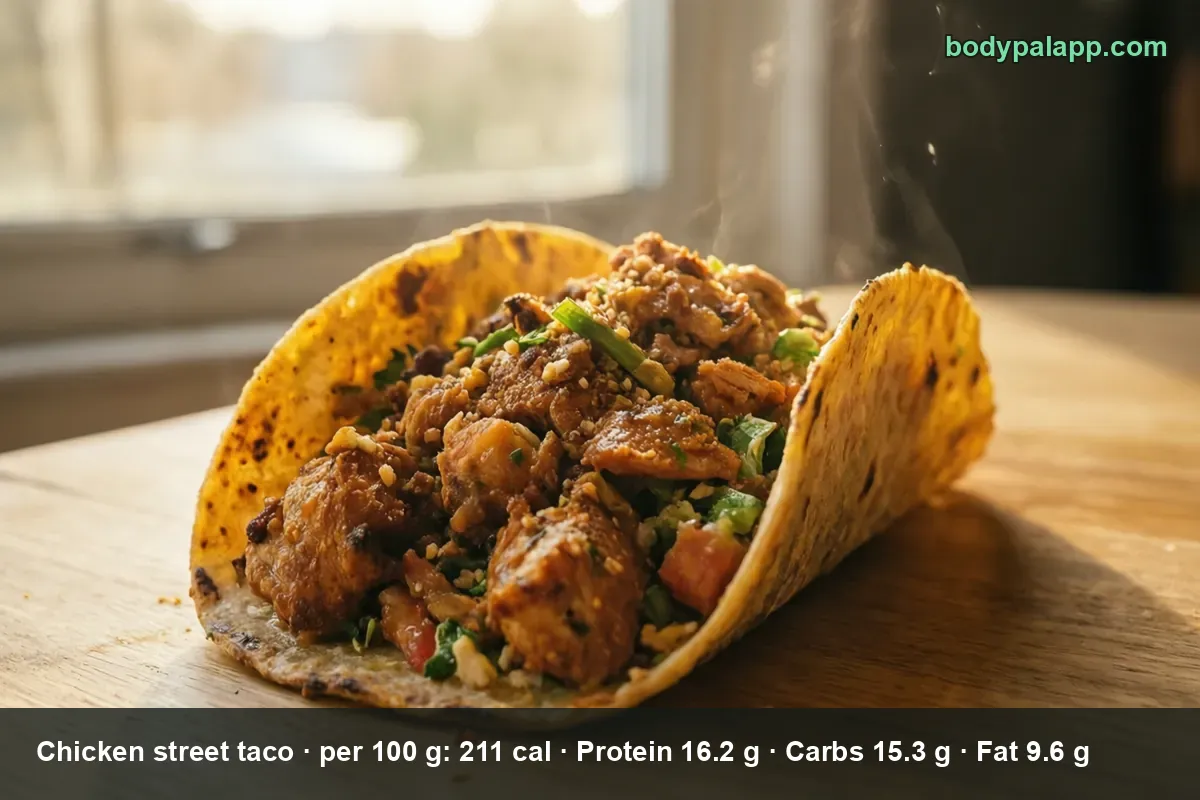 Folded corn tortilla street taco with diced chicken, onion, cilantro and tomato, steaming