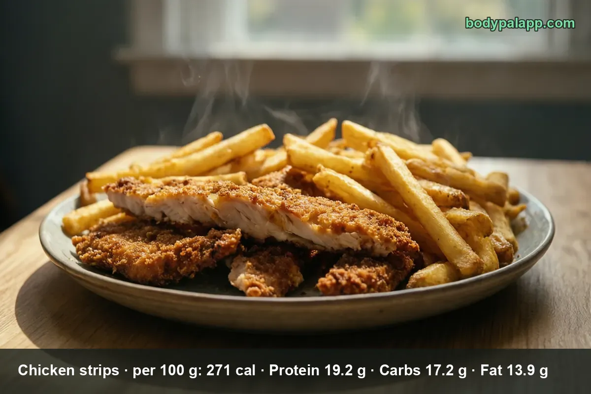 Plate of breaded chicken strips, one cut open to show white meat, next to a pile of french fries