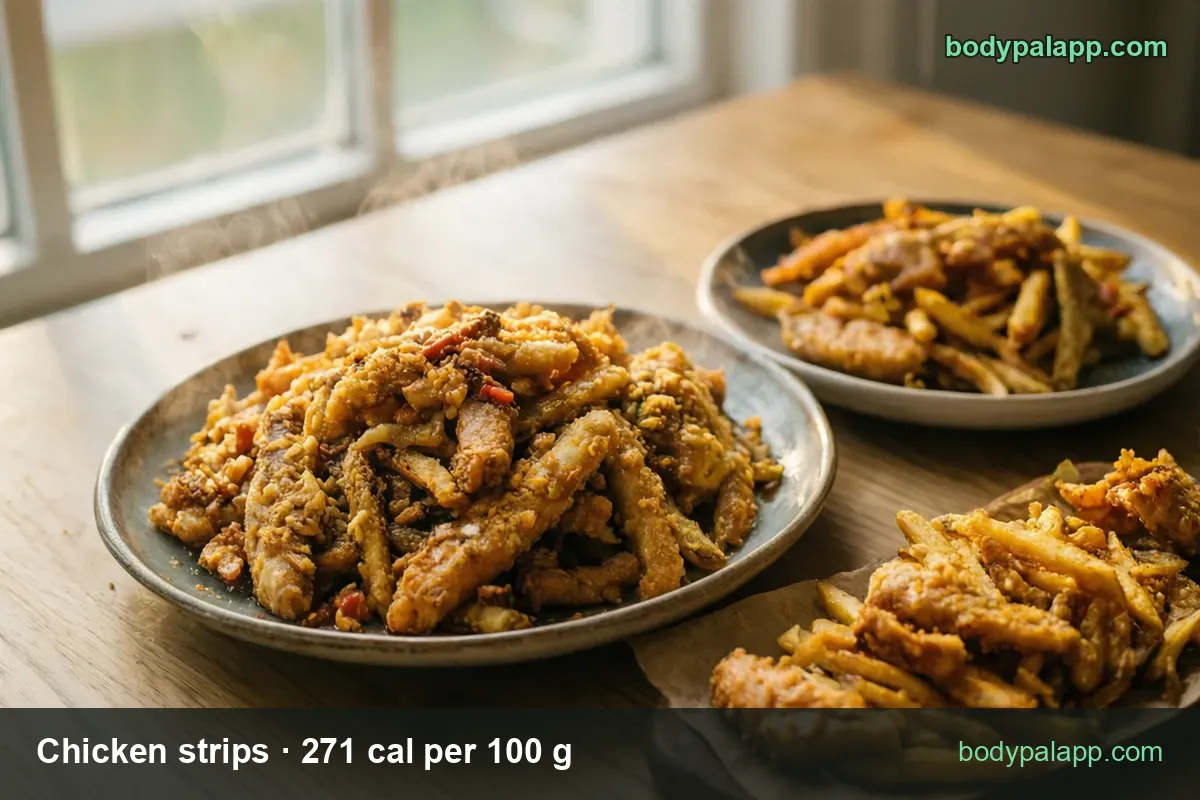 Chicken strips and fries on plates and on paper, with serving chips 4 strips (200 g) 542 cal and 1 strip (50 g) 136 cal