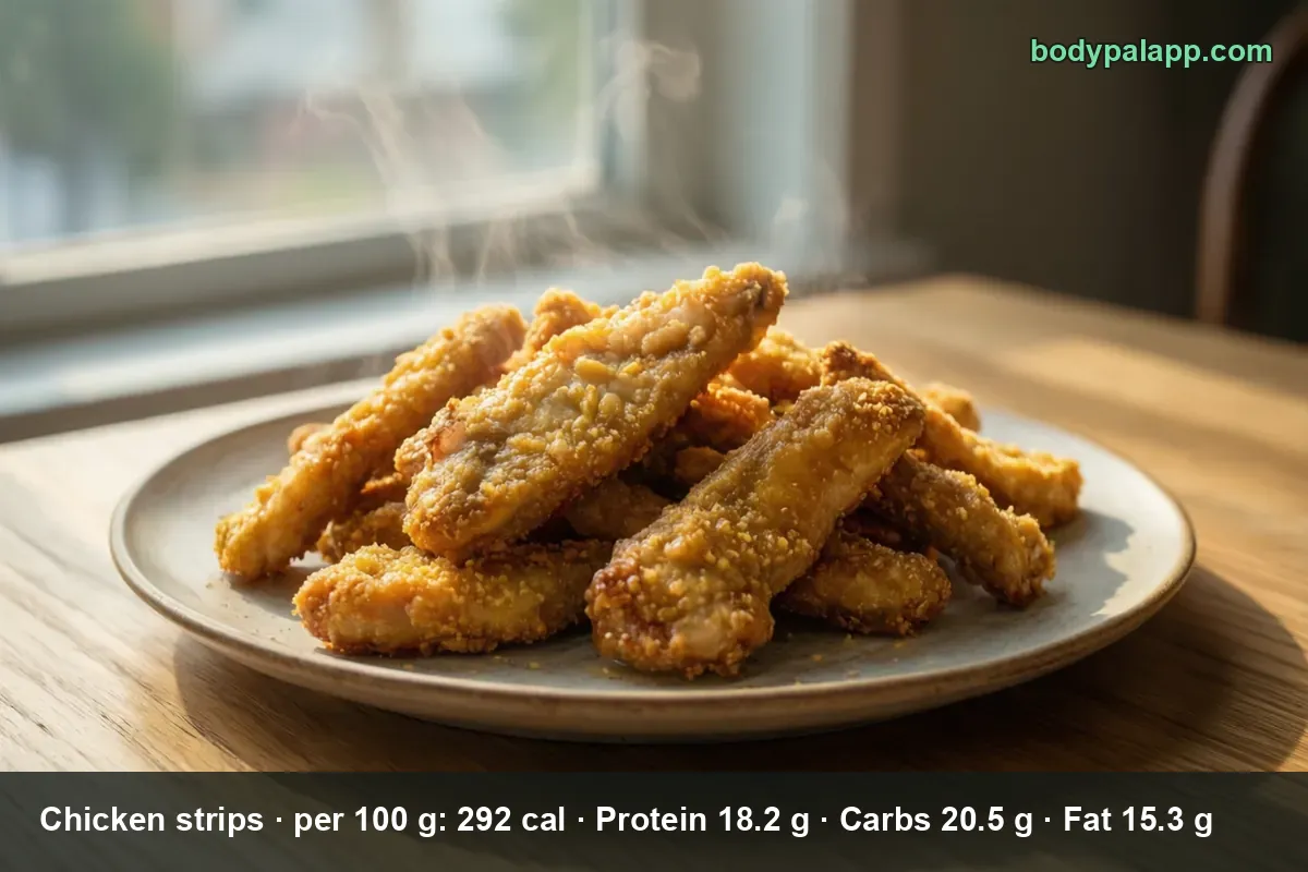 Plate piled with about ten crispy breaded chicken strips, steam rising from them