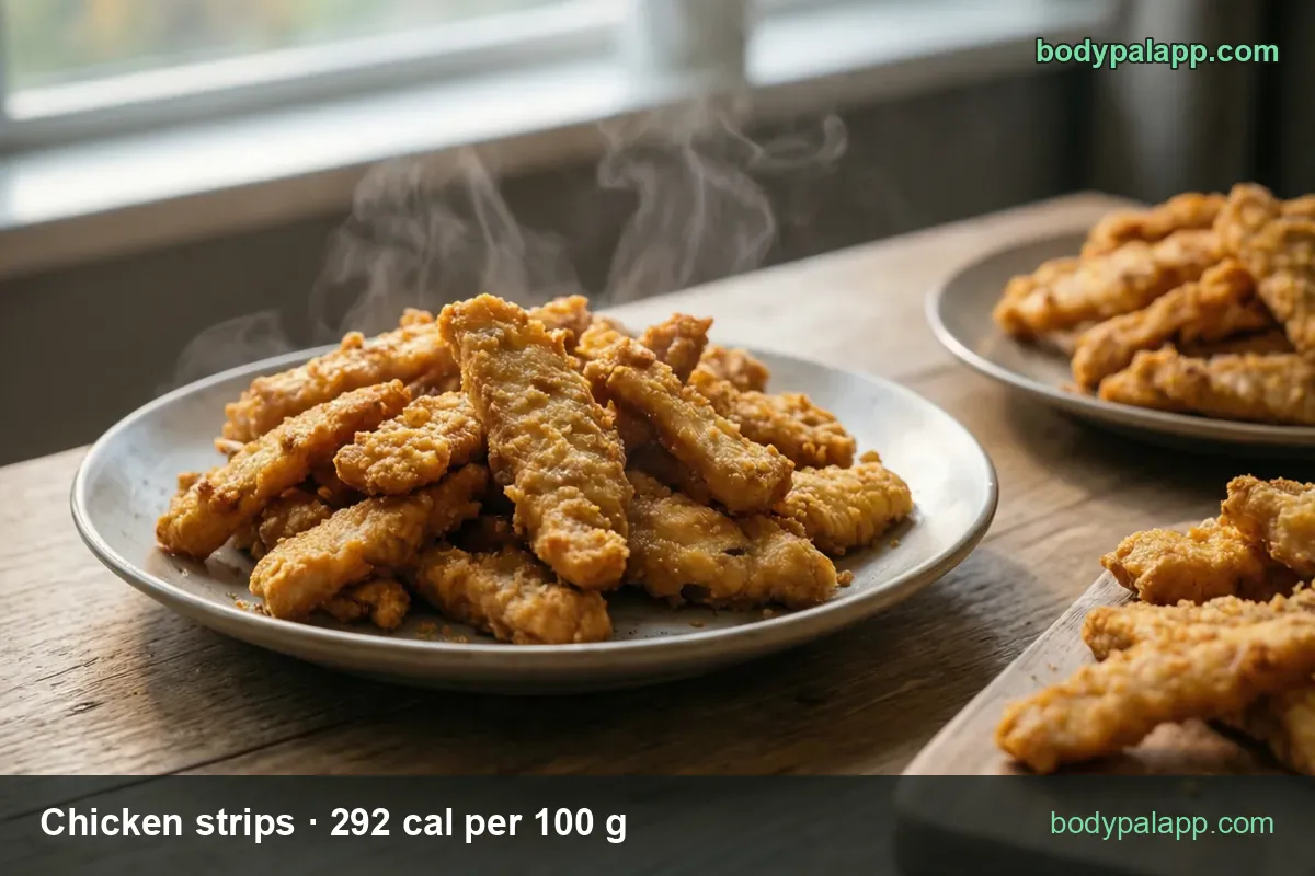 Plate of breaded chicken strips with a second plate and board behind, labeled 3 strips 108 g 315 cal and 5 pieces 173 g 505 cal