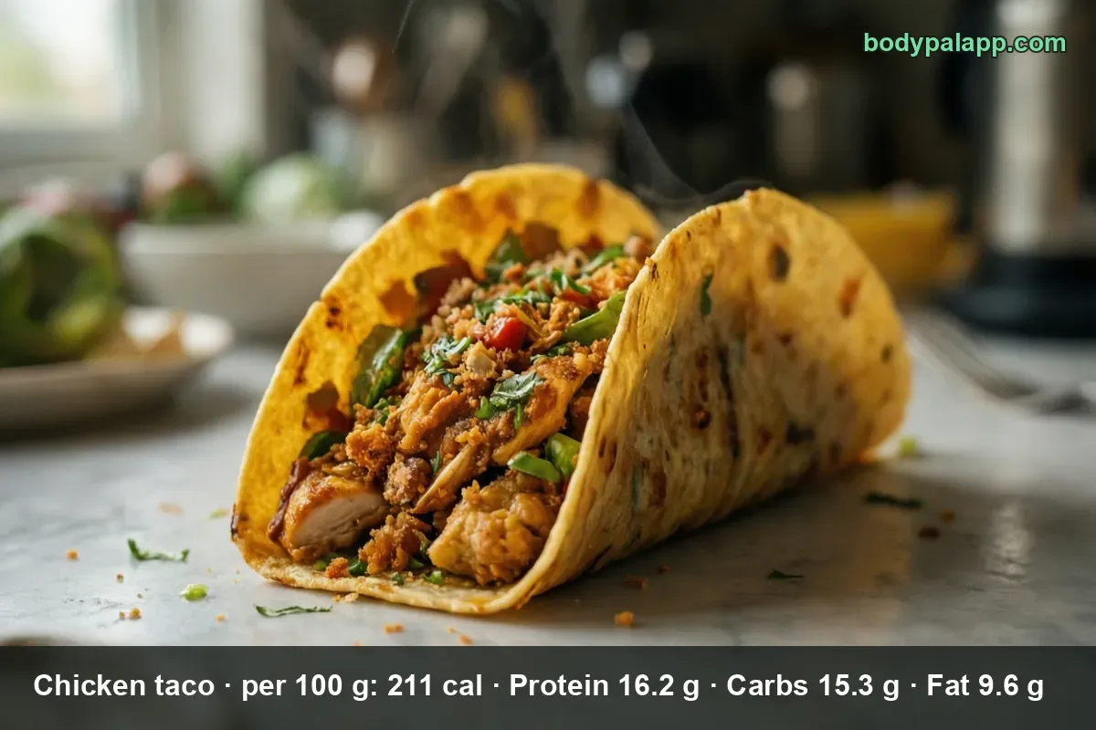 Close-up of one chicken taco with white-meat chicken, onion and green pepper in a soft corn tortilla with sauce.