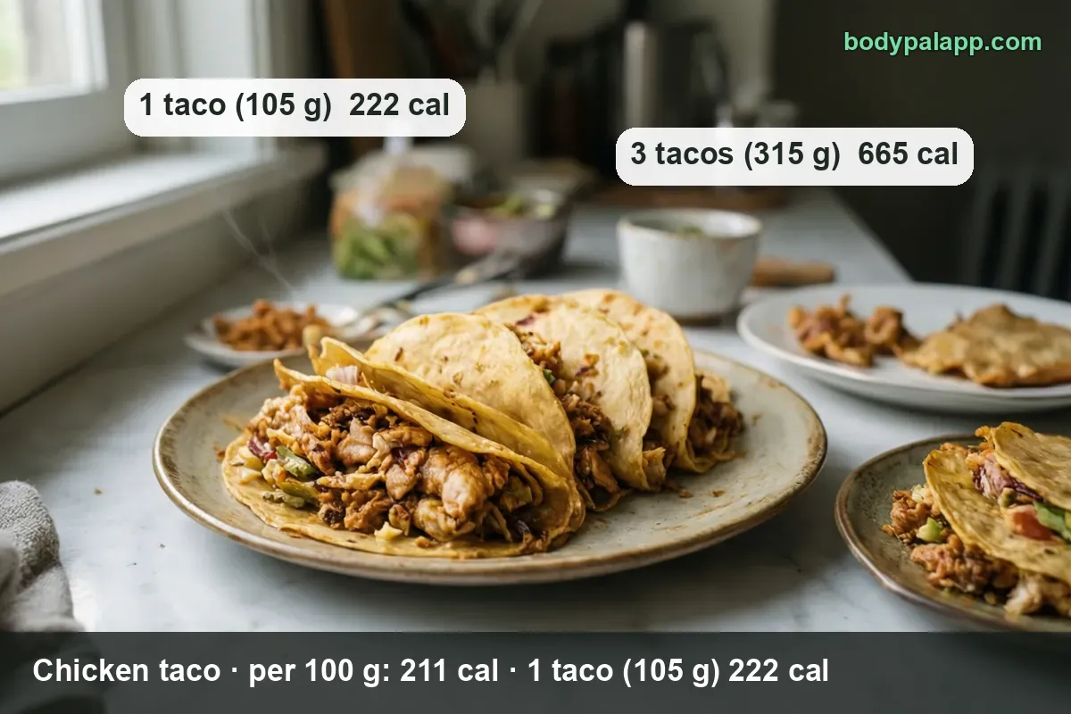 Three chicken tacos in soft corn tortillas: 1 taco (105 g) 222 cal, 3 tacos (315 g) 665 cal.