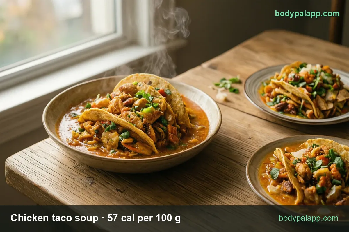 Deep bowl of chicken taco soup with chicken, vegetables, cilantro and tortillas; 1 cup (245 g) 140 cal, 1 bowl (368 g) 210 cal