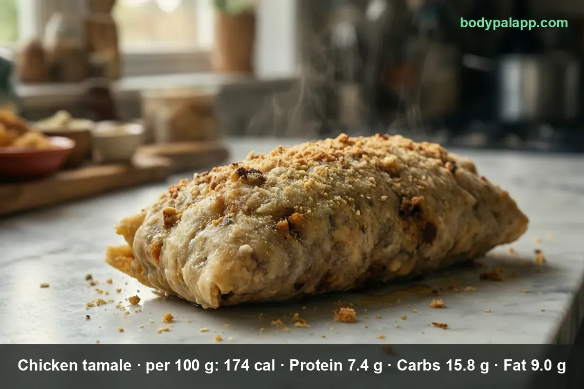 Unwrapped steaming chicken tamale sprinkled with crumbs on a marble surface