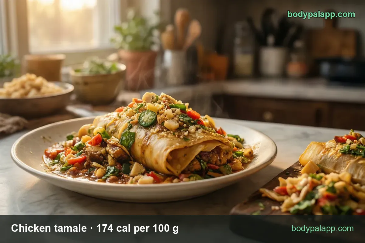 Chicken tamale in a corn husk with sauce and peppers, an opened tamale beside it; 1 tamale (140 g) 244 cal, 1 cup (170 g) 296 cal