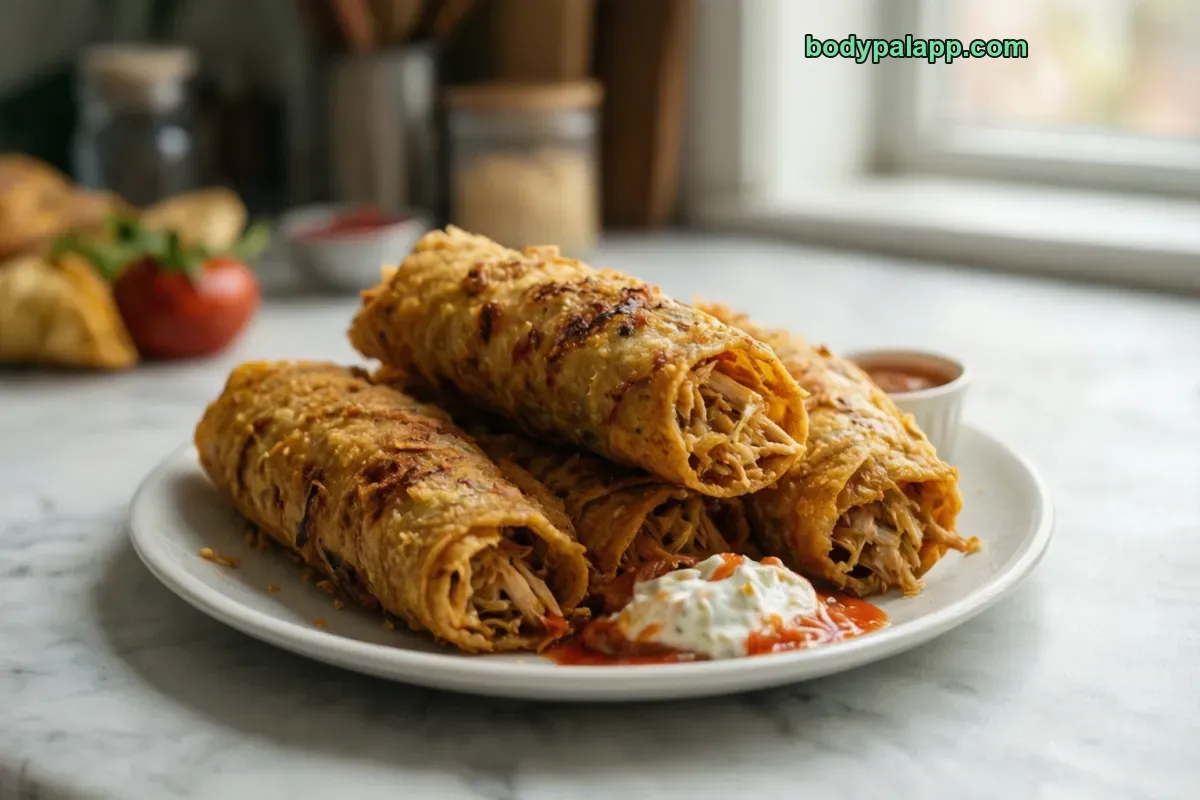 Chicken taquito, chicken filling, cooked