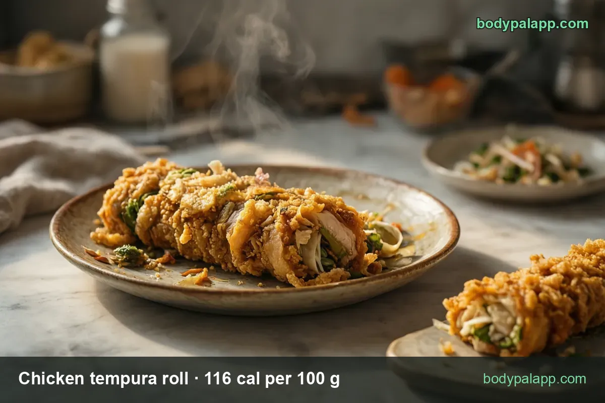 Chicken tempura roll on a plate, second roll on a board, salad bowl behind; 1 roll 278 cal, 1 piece 35 cal