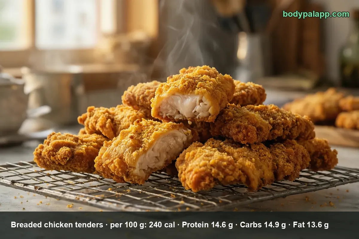 Pile of about eight breaded chicken tenders on a metal rack, two cut open, steam rising