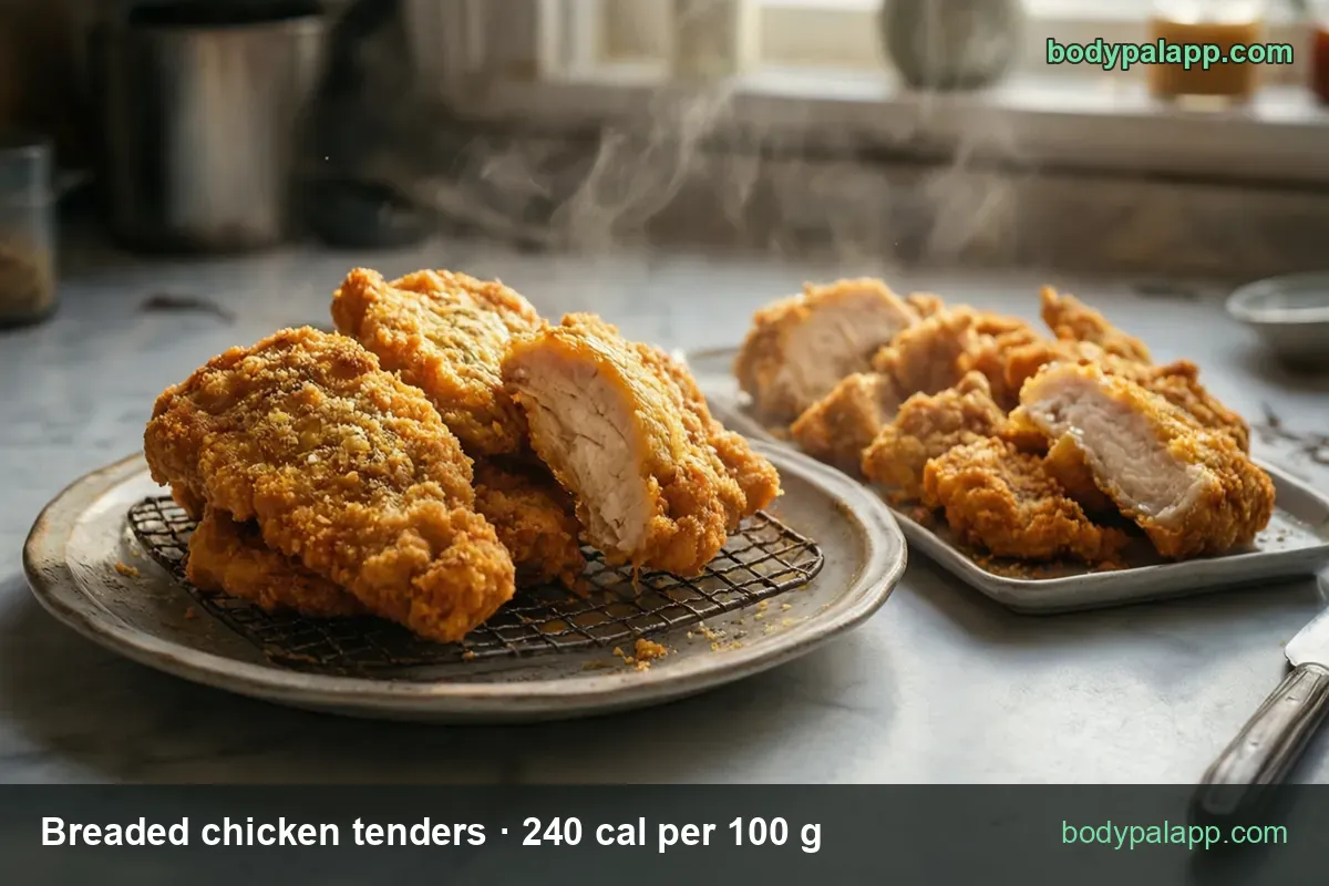 Three breaded chicken tenders on a rack in a plate, one cut open, with a tray of more behind: 3 strips 120 g, 288 cal