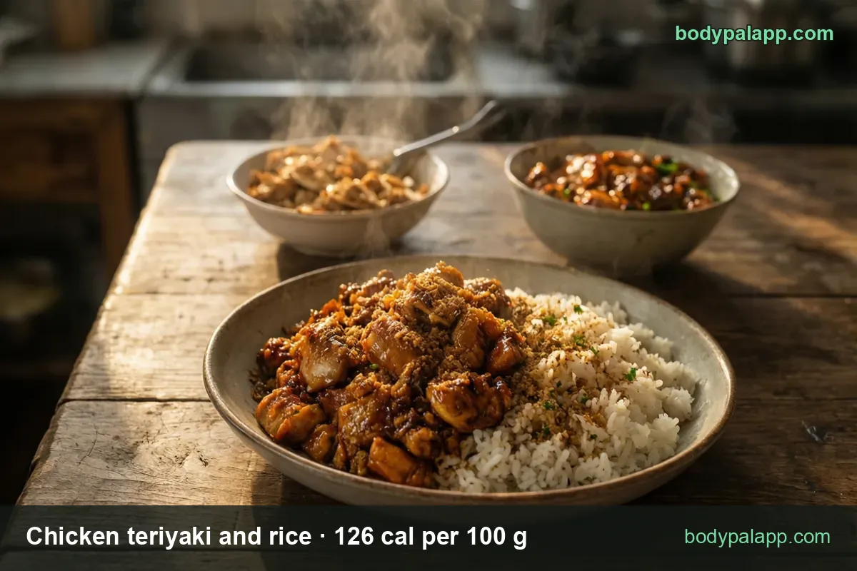 Bowl of teriyaki chicken and white rice with parsley, two smaller chicken bowls behind; chips: 1 bowl 340 g 428 cal, 11 oz 393 cal.
