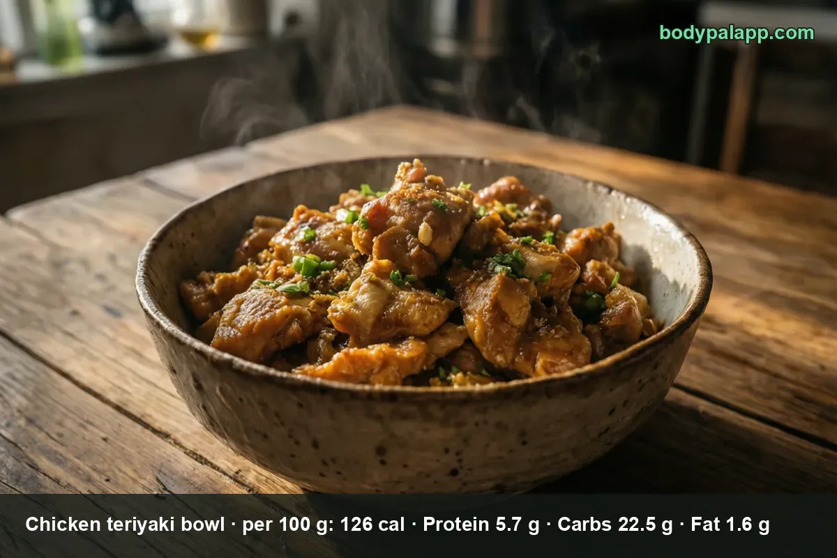 Deep ceramic bowl of glazed chicken teriyaki topped with sliced green onion, no rice.