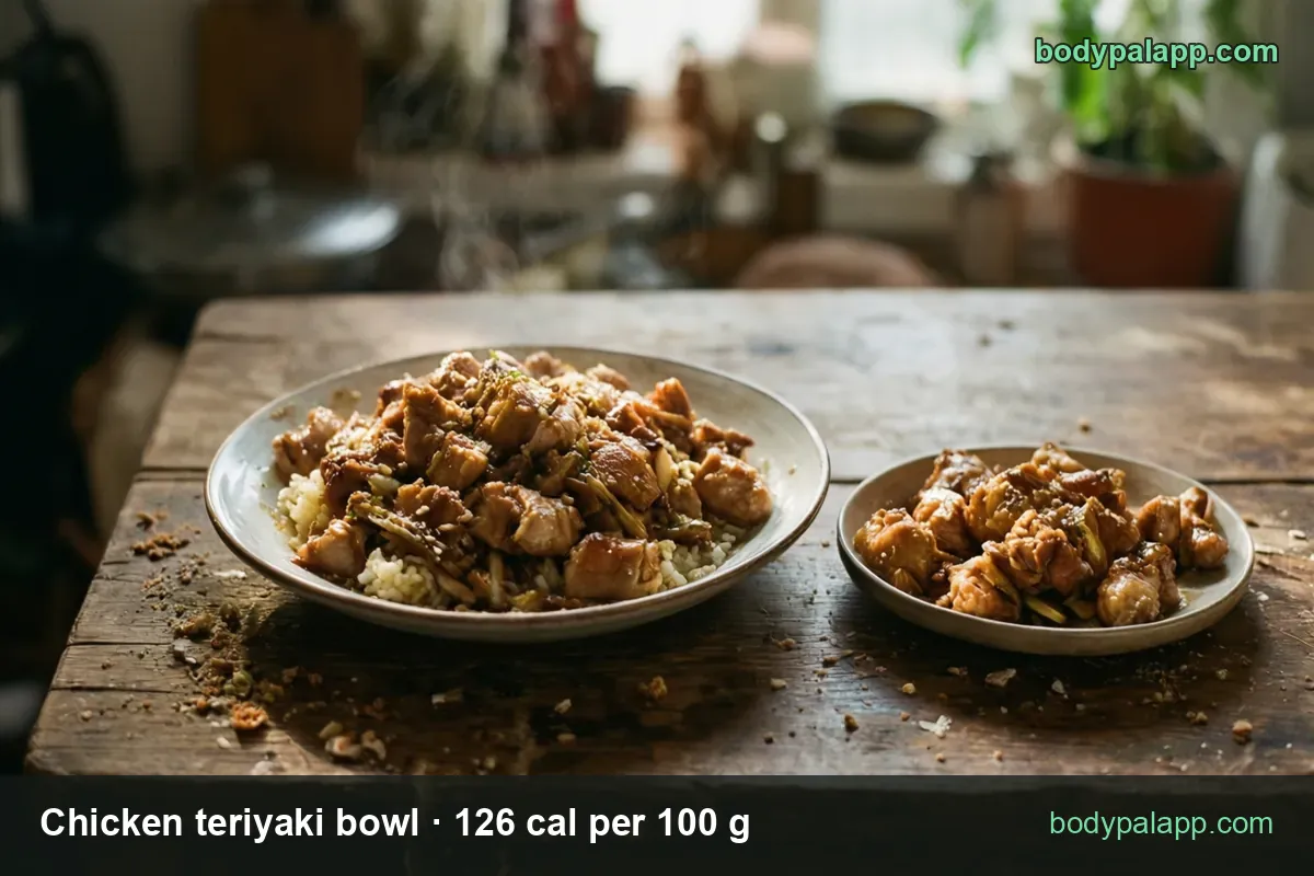 Glazed teriyaki chicken over white rice with green onion on a shallow plate, small plate of chicken beside it; 1 bowl 340 g 428 cal, 1/2 bowl 170 g 214 cal.