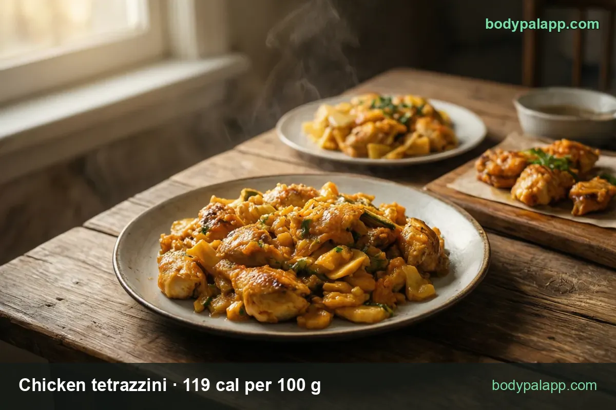 Chicken and pasta in creamy sauce with herbs, smaller second plate behind; labels 1 cup (246 g) 293 cal and 1/2 cup (123 g) 146 cal