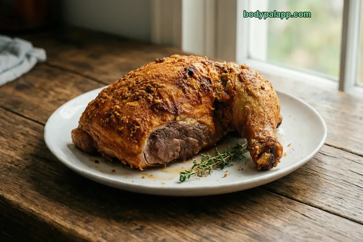 Baked chicken thigh, baked, meat and skin