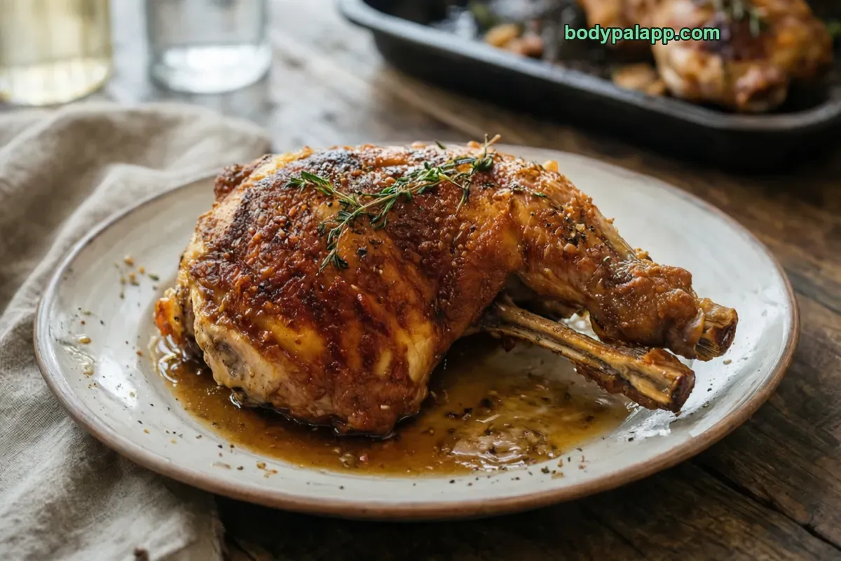 Bone-in chicken thigh, roasted, meat and skin